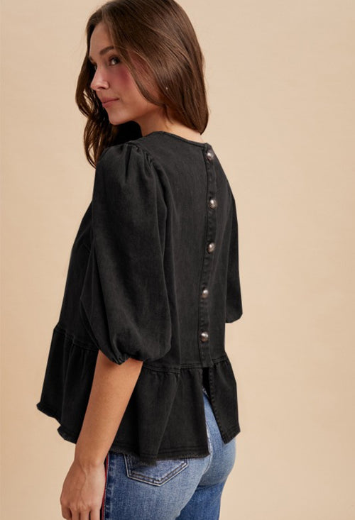 Faded Black Ruffle Denim Top